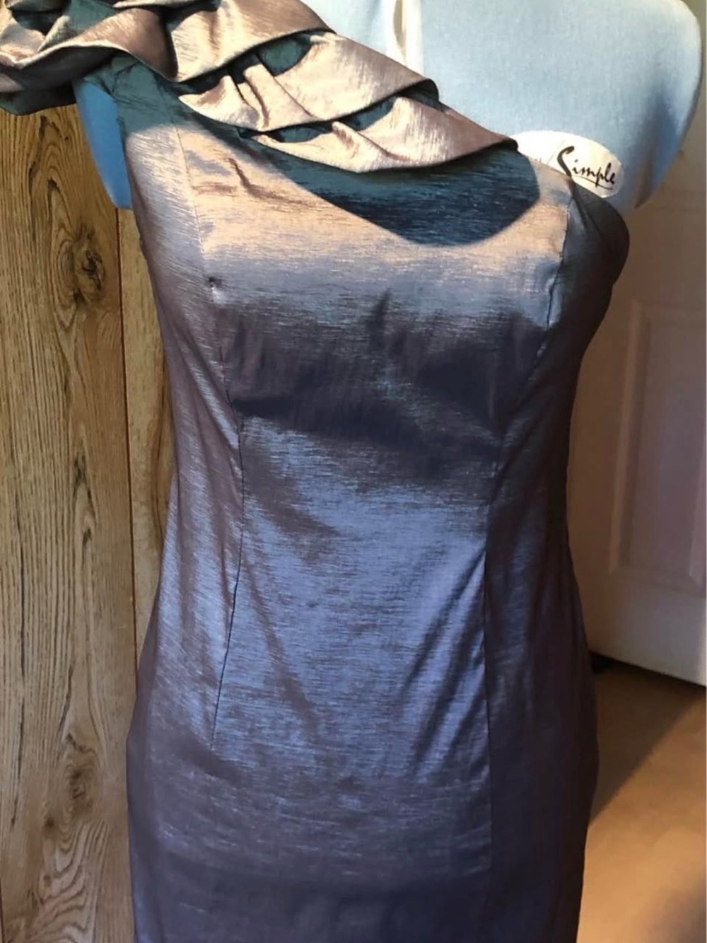 Xscape Metallic Charcoal One-Shoulder Ruffle Dress